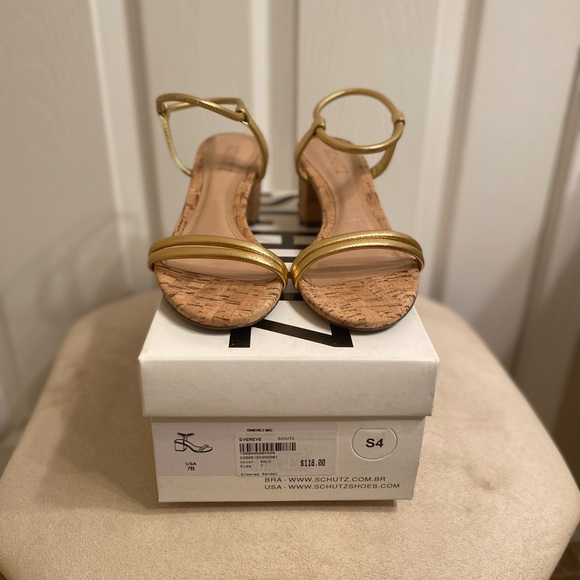 SCHUTZ Gimenez Mid Cork Heel Sandal Gold Size 7 New In Box - Picture 2 of 7